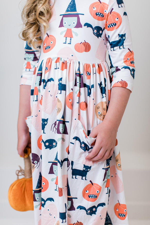 boo-crew-3-4-sleeve-pocket-twirl-dress Mila &  Rose - Sophia's Style-Boo Crew 3/4 Sleeve Pocket Twirl Dress-6-12M--1